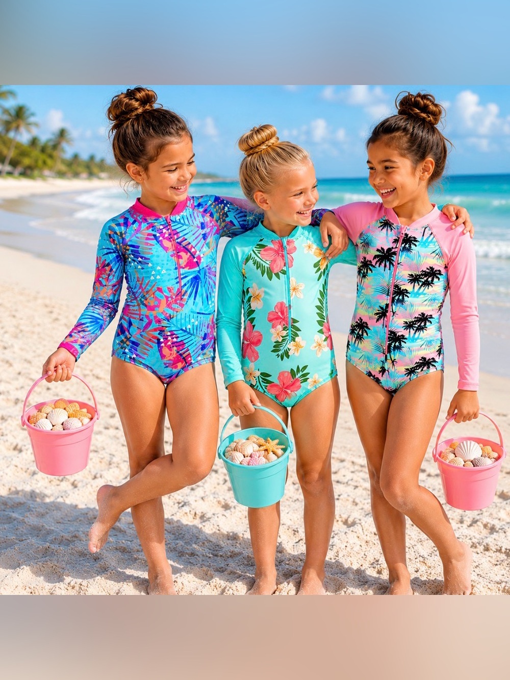 Set of 3 - Girls’ Rashguard Swim / Bathing Suits - Zip Up - US size 7-9